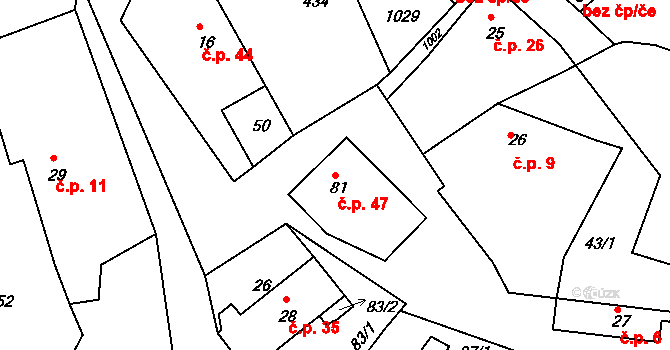 Hřiměždice 47 na parcele st. 81 v KÚ Hřiměždice, Katastrální mapa