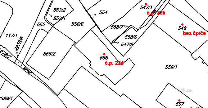 Chomutov 224 na parcele st. 555 v KÚ Chomutov I, Katastrální mapa