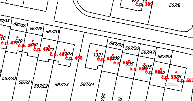 Třebeš 557, Hradec Králové na parcele st. 1321 v KÚ Třebeš, Katastrální mapa