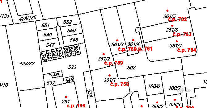 Horoměřice 759 na parcele st. 361/2 v KÚ Horoměřice, Katastrální mapa
