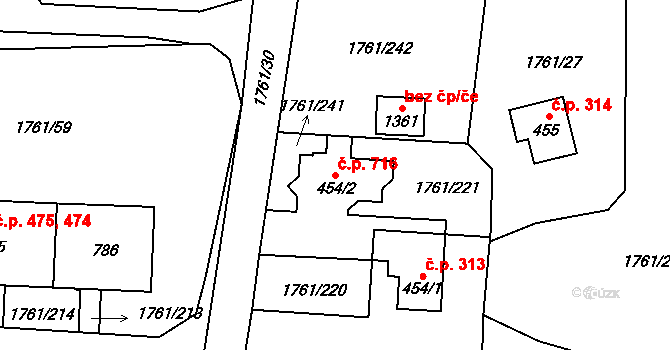 Horní Bříza 716 na parcele st. 454/2 v KÚ Horní Bříza, Katastrální mapa