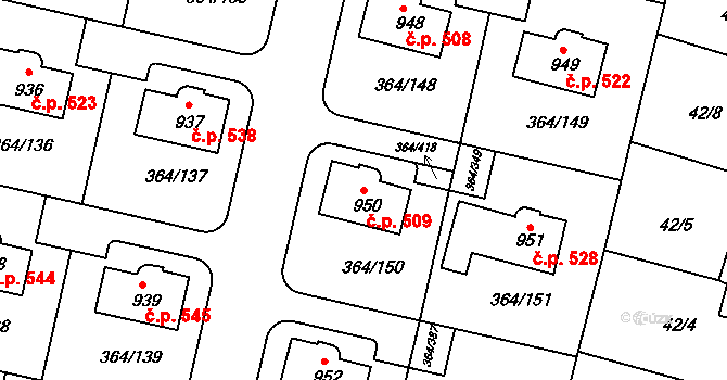 Nučice 509 na parcele st. 950 v KÚ Nučice u Rudné, Katastrální mapa