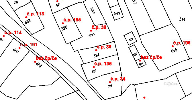 Kobeřice u Brna 35 na parcele st. 524 v KÚ Kobeřice u Brna, Katastrální mapa