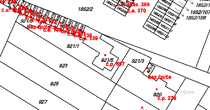 Hrušovany u Brna 697 na parcele st. 921/5 v KÚ Hrušovany u Brna, Katastrální mapa