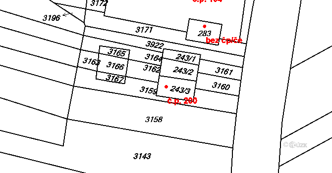 Mouřínov 200 na parcele st. 243/3 v KÚ Mouřínov, Katastrální mapa