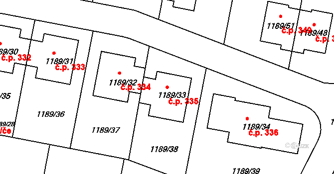 Češkovice 335, Blansko na parcele st. 1189/33 v KÚ Těchov, Katastrální mapa