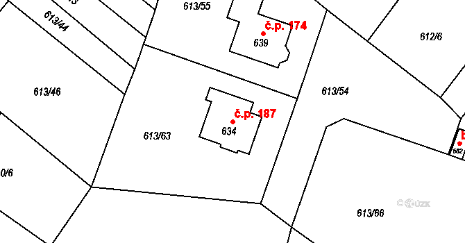 Čachovice 187 na parcele st. 634 v KÚ Čachovice, Katastrální mapa