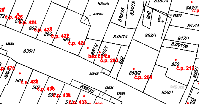 Drnholec 203 na parcele st. 861/1 v KÚ Drnholec, Katastrální mapa