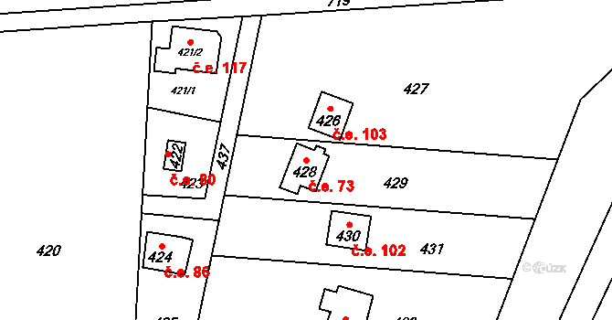 Přerov XIII-Penčice 73, Přerov na parcele st. 428 v KÚ Penčičky, Katastrální mapa