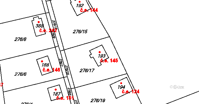 Hostěradice 145, Kamenný Přívoz na parcele st. 193 v KÚ Hostěradice, Katastrální mapa