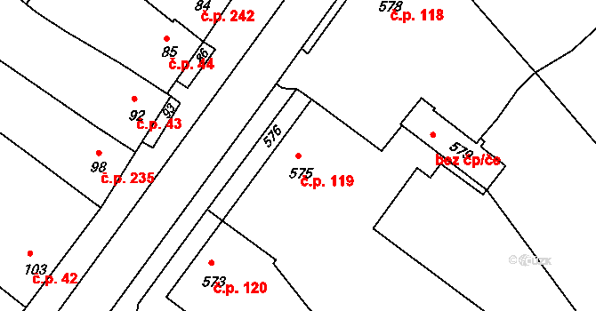 Lovčice 119 na parcele st. 575 v KÚ Lovčice u Kyjova, Katastrální mapa