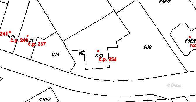 Šaratice 254 na parcele st. 670 v KÚ Šaratice, Katastrální mapa