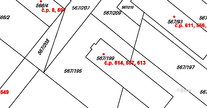 Vyškov-Předměstí 557,613,614, Vyškov na parcele st. 567/199 v KÚ Vyškov, Katastrální mapa