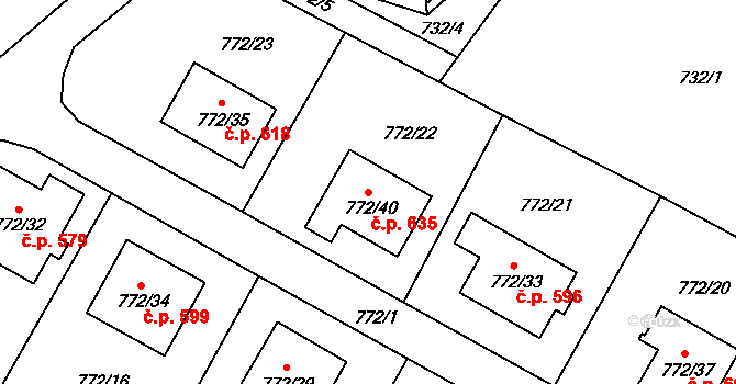 Fryčovice 635 na parcele st. 772/40 v KÚ Fryčovice, Katastrální mapa