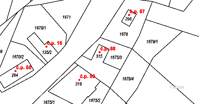 Krčkovice 58, Hrubá Skála na parcele st. 315 v KÚ Hrubá Skála, Katastrální mapa