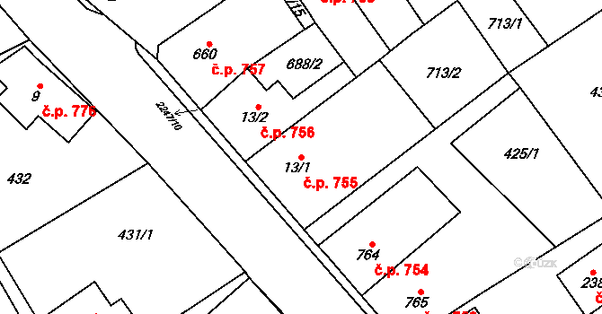 Lomnice nad Popelkou 755 na parcele st. 13/1 v KÚ Lomnice nad Popelkou, Katastrální mapa