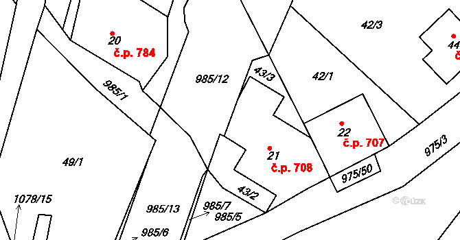 Hrabačov 708, Jilemnice na parcele st. 21 v KÚ Hrabačov, Katastrální mapa