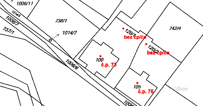Bořkov 73, Slaná na parcele st. 100 v KÚ Bořkov, Katastrální mapa