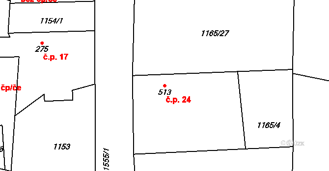 Kozodírky 24, Libáň na parcele st. 513 v KÚ Libáň, Katastrální mapa