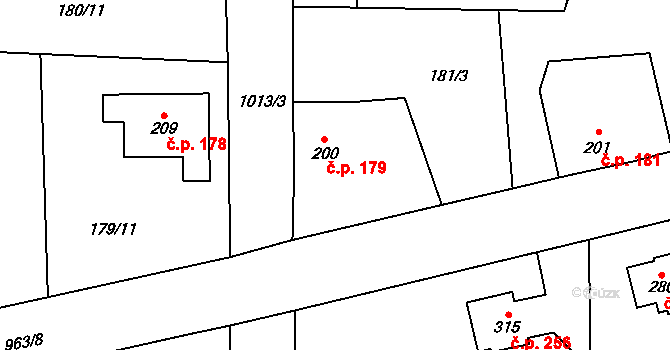 Velké Popovice 179 na parcele st. 200 v KÚ Velké Popovice, Katastrální mapa