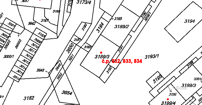 Kohoutovice 832,833,834, Brno na parcele st. 3189/1 v KÚ Kohoutovice, Katastrální mapa