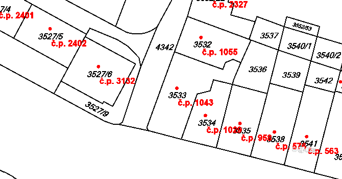 Teplice 1043 na parcele st. 3533 v KÚ Teplice, Katastrální mapa