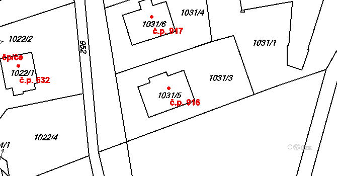 Frýdlant 916, Frýdlant nad Ostravicí na parcele st. 1031/5 v KÚ Frýdlant nad Ostravicí, Katastrální mapa