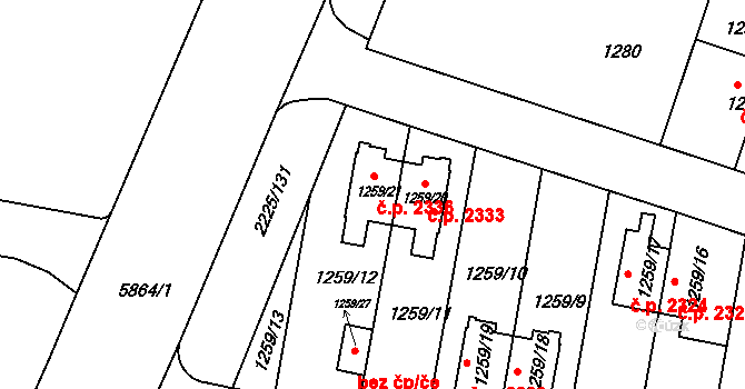 Záběhlice 2336, Praha na parcele st. 1259/21 v KÚ Záběhlice, Katastrální mapa