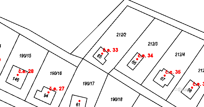 Vestec 33, Hřiměždice na parcele st. 65 v KÚ Vestec u Hřiměždic, Katastrální mapa