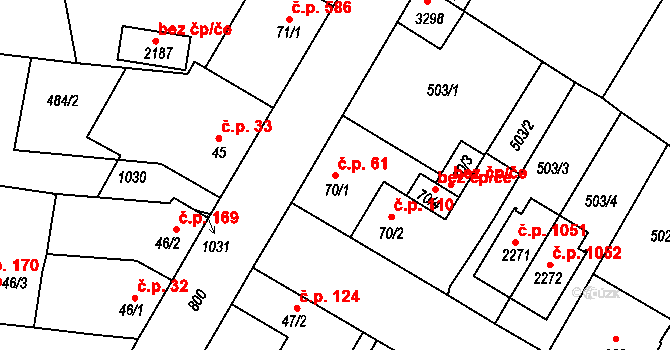 Sezimovo Ústí 61 na parcele st. 70/1 v KÚ Sezimovo Ústí, Katastrální mapa