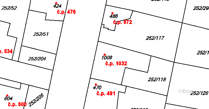 Rosice 1032 na parcele st. 1009 v KÚ Rosice u Brna, Katastrální mapa