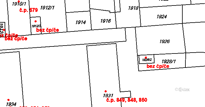 Kuřim 848,849,850 na parcele st. 1931 v KÚ Kuřim, Katastrální mapa