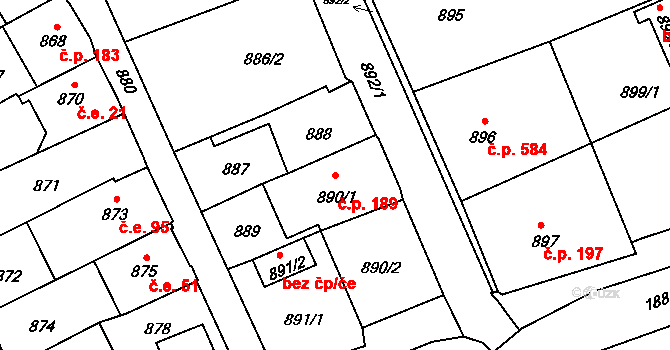 Šluknov 189 na parcele st. 890/1 v KÚ Šluknov, Katastrální mapa