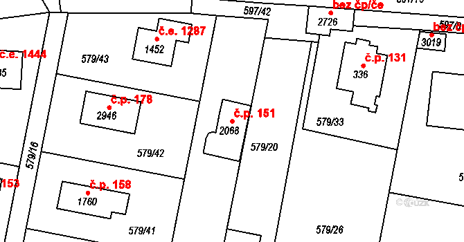Pikovice 151, Hradištko na parcele st. 2068 v KÚ Hradištko pod Medníkem, Katastrální mapa