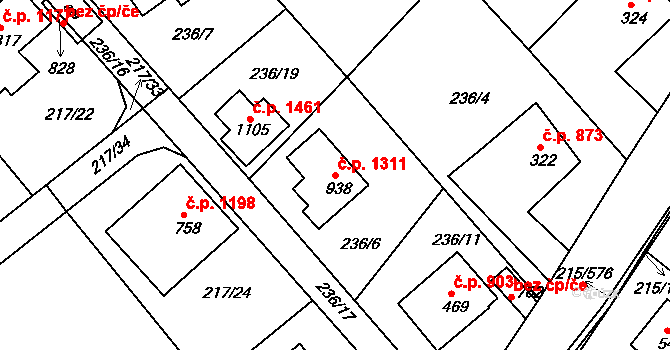 Rudná 1311 na parcele st. 938 v KÚ Hořelice, Katastrální mapa