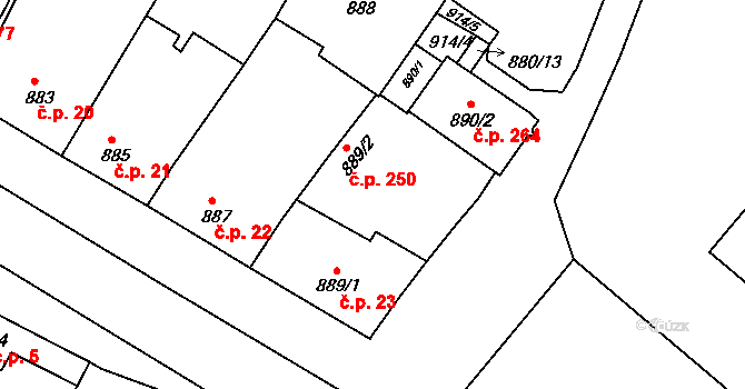 Bučovice 250 na parcele st. 889/2 v KÚ Bučovice, Katastrální mapa