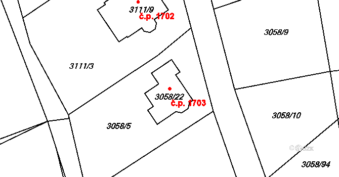 Bystřice nad Pernštejnem 1703 na parcele st. 3058/22 v KÚ Bystřice nad Pernštejnem, Katastrální mapa