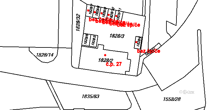 Komárov 27, Brno na parcele st. 1828/2 v KÚ Komárov, Katastrální mapa