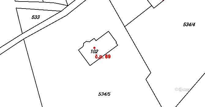 Ždánov 69 na parcele st. 102 v KÚ Ždánov, Katastrální mapa