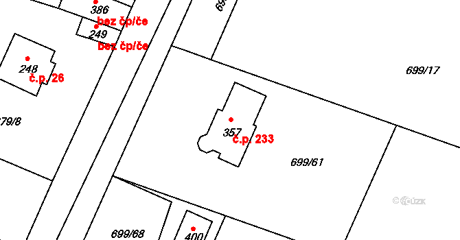 Staňkovice 233 na parcele st. 357 v KÚ Staňkovice u Žatce, Katastrální mapa