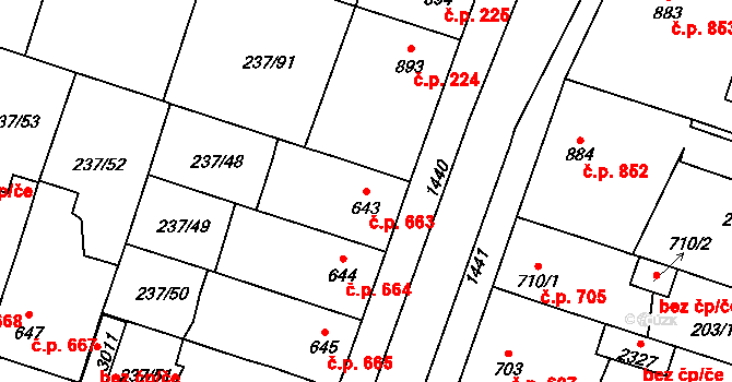 Přeštice 663 na parcele st. 643 v KÚ Přeštice, Katastrální mapa