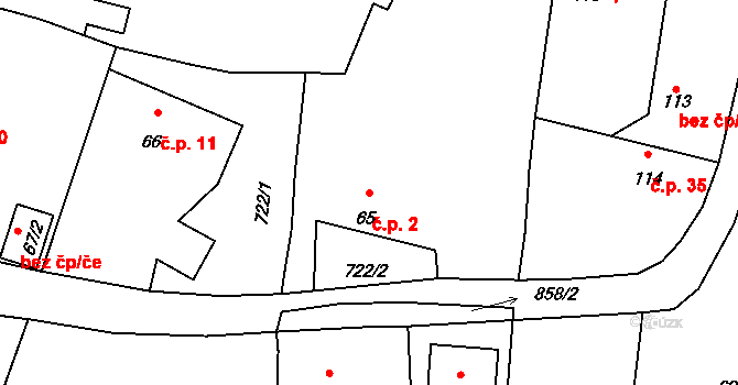 Dlouhá Louka 2, Lužany na parcele st. 65 v KÚ Dlouhá Louka u Lužan, Katastrální mapa