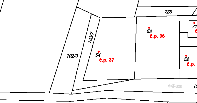 Chotěměřice 37, Hněvkovice na parcele st. 54 v KÚ Chotěměřice, Katastrální mapa