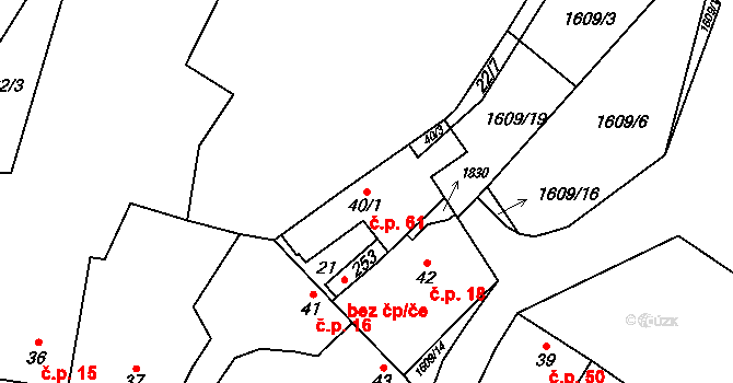 Lískovec 61, Koryčany na parcele st. 40/1 v KÚ Lískovec, Katastrální mapa