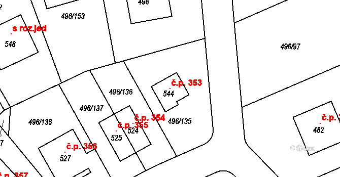 Polerady 353 na parcele st. 544 v KÚ Polerady u Prahy, Katastrální mapa