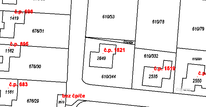 Rosice 1521 na parcele st. 2649 v KÚ Rosice u Brna, Katastrální mapa