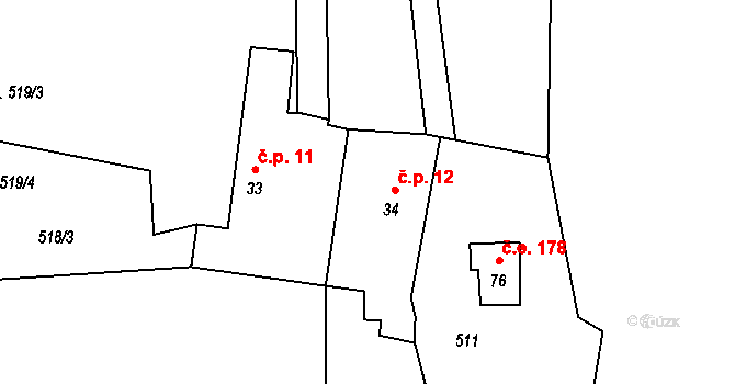 Stradov 12, Komařice na parcele st. 34 v KÚ Sedlo u Komařic, Katastrální mapa