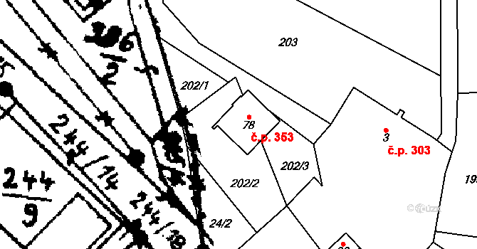 Pecka 353 na parcele st. 78 v KÚ Lhota u Pecky, Katastrální mapa