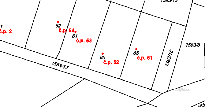 Ponědrážka 52 na parcele st. 60 v KÚ Ponědrážka, Katastrální mapa