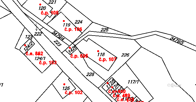 Krupka 107 na parcele st. 118 v KÚ Krupka, Katastrální mapa